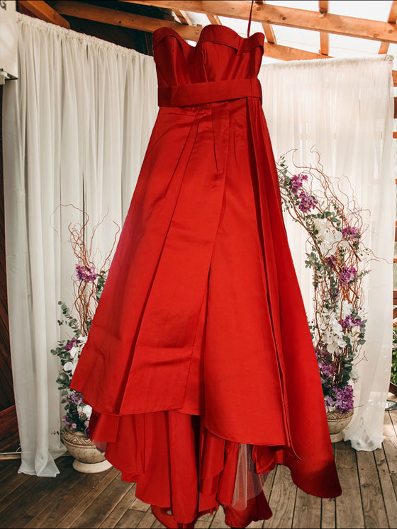 Red Strapless Mekado High Low Dress
