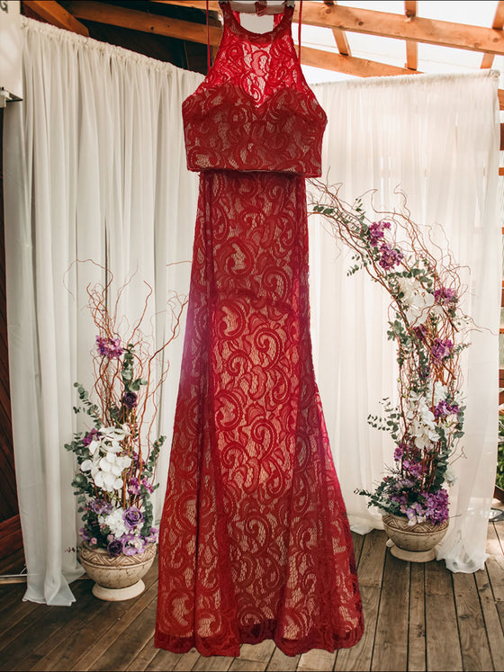 Red Two Piece High Neck Lace Evening Gown