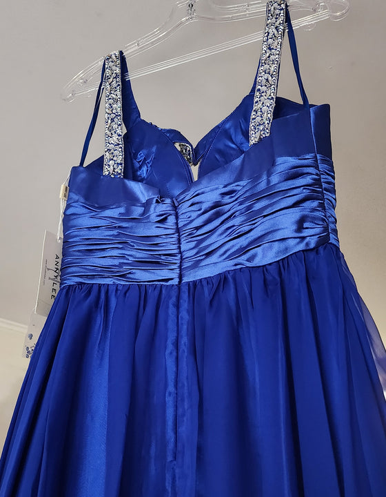 Blue Low V-Neck Evening Gown