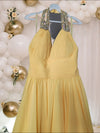 Yellow Rhinestones Neckline Halter Mini Dress