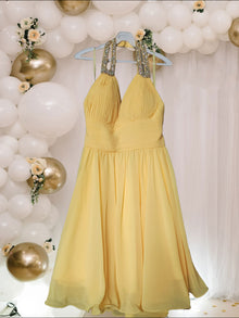  Yellow Rhinestones Neckline Halter Mini Dress