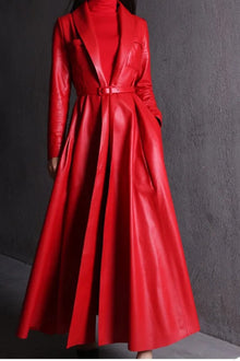  Red Maxi PU Leather Trench Coat