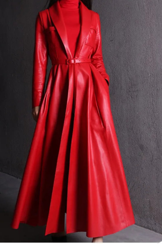 Red Maxi PU Leather Trench Coat