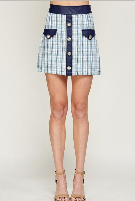 Blue Short Sleeve Tweed Top and Skirt Set