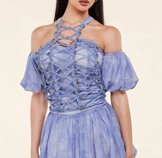 Latiste Blue Paesley Halter  Mini Dress
