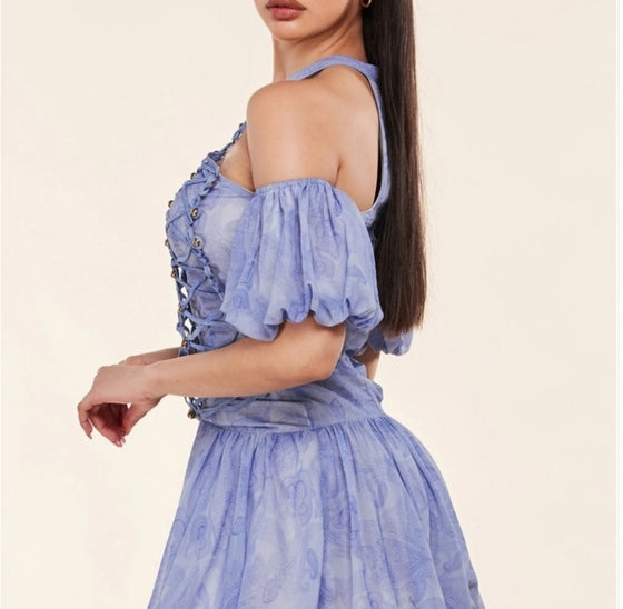 Latiste Blue Paesley Halter  Mini Dress
