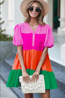  Multicolor Color Block Tiered Puff Sleeve Dress