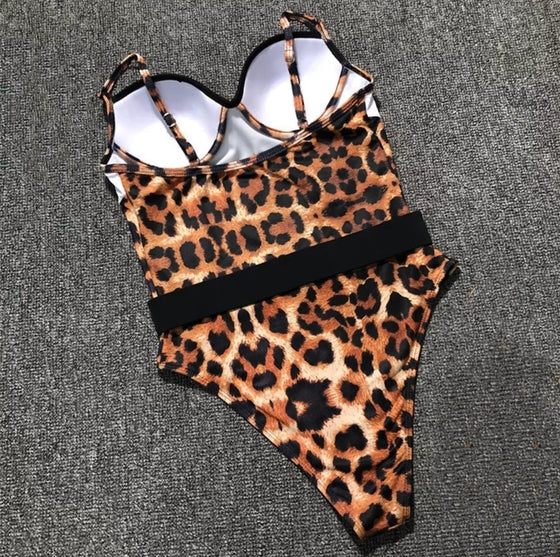 Leopard Print Belt Style One Piece Swimwear