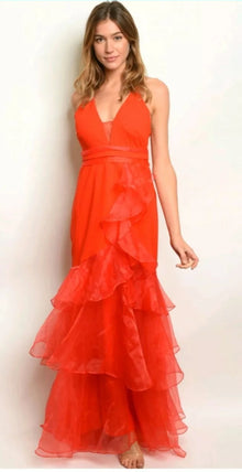  Red Sleeveless V-Neck Organza Ruffled Gown
