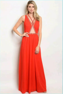  Red Solid Color Plunging Maxi Dress
