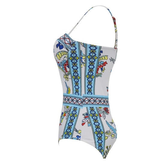 White Print Push Up One Piece Swimsuit With Sarong Cover-Up