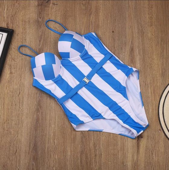 Blue Stripe Belt Style One Piece Swimwear
