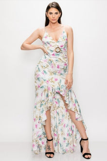  Sleeveless Whire Floral Print Maxi Dress