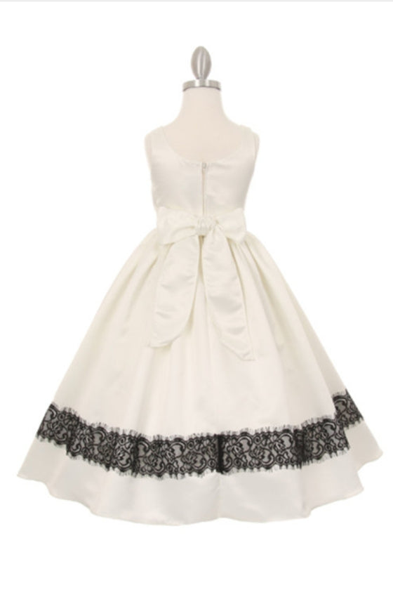 Satin Lace Trim Pleated Tea Length Dress