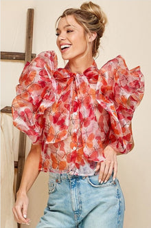  Red Puff Sleeves Mesh Blouse