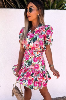  Pink Green Floral V Neck Puff Sleeve Tiered Dress