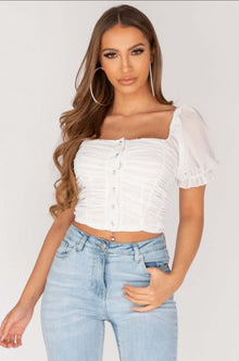  White Ruched Button Front Puff Sleeve Crop Top