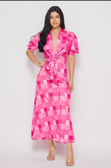  Pink Banjul Yellow Check Pattern Maxi Dress