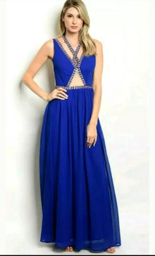  Blue Solid Color Plunging Maxi Dress