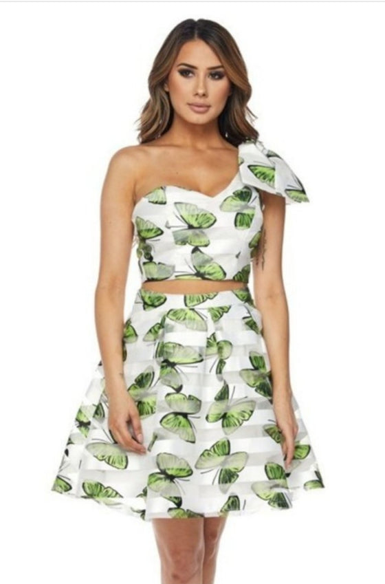 Green Butterfly Print Two Piece Skirt Set