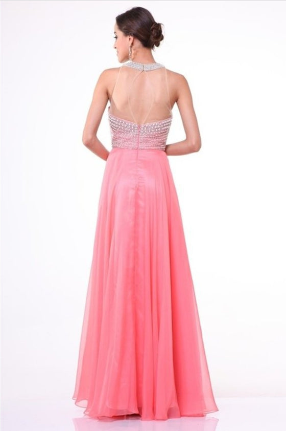 Coral Halter Beaded Gown