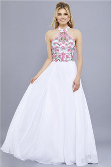  White Floral Embroidered Halter Gown