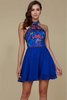  Blue Embroidered Halter Short Dress