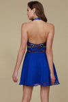 Blue Embroidered Halter Short Dress