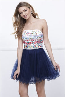  Navy Blue  Short Strapless Dress With Floral Embroidery