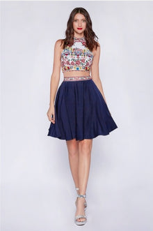  Two Piece Short Dress With Embroidered Top And A-Line Skirt