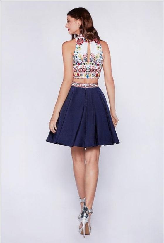 Two Piece Short Dress With Embroidered Top And A-Line Skirt