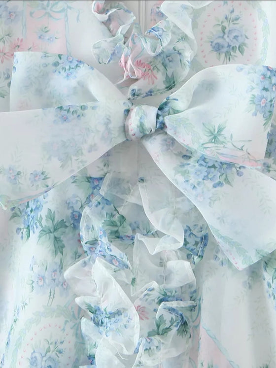Blue Floral Vintage Princess Organza Maxi Dress