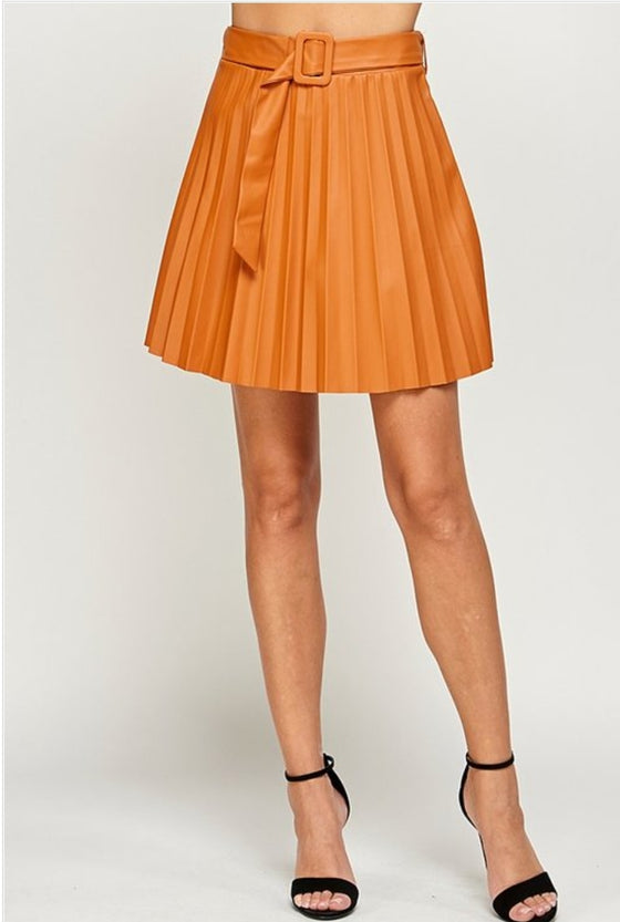 Cognac Pleated A-Line Mini Skirt