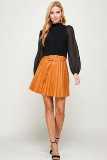  Cognac Pleated A-Line Mini Skirt
