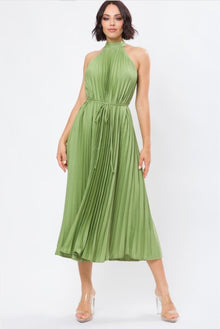  Olive Green Pleated Midi Dress