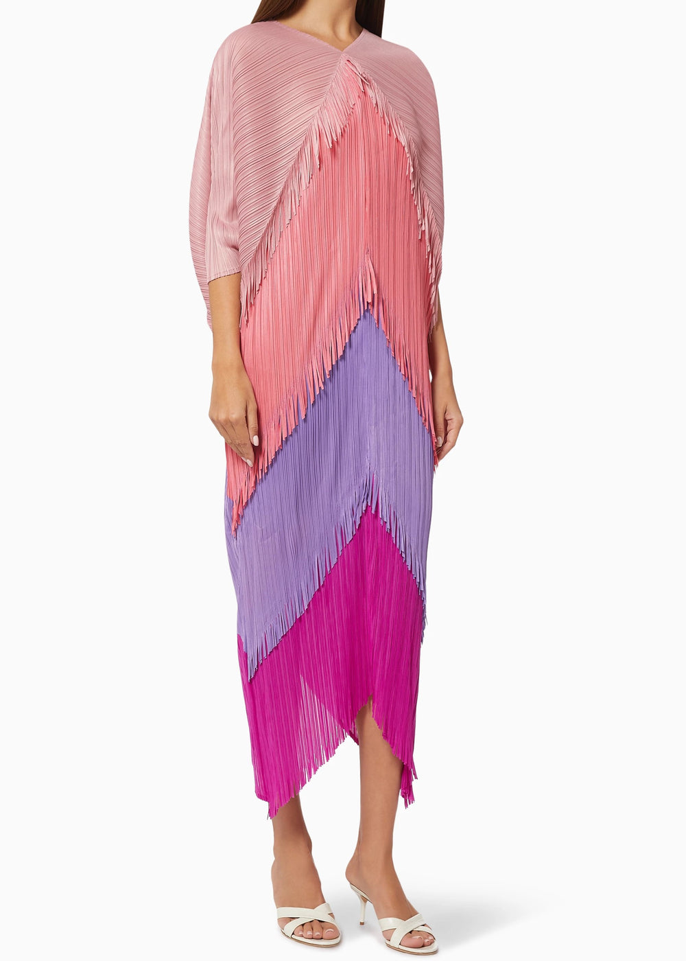 Color Block Kimono Fringe Dress Pink