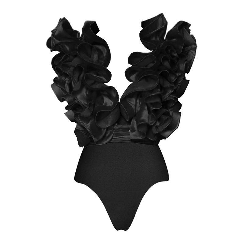 3D Flowers Decor Swimsuit Black