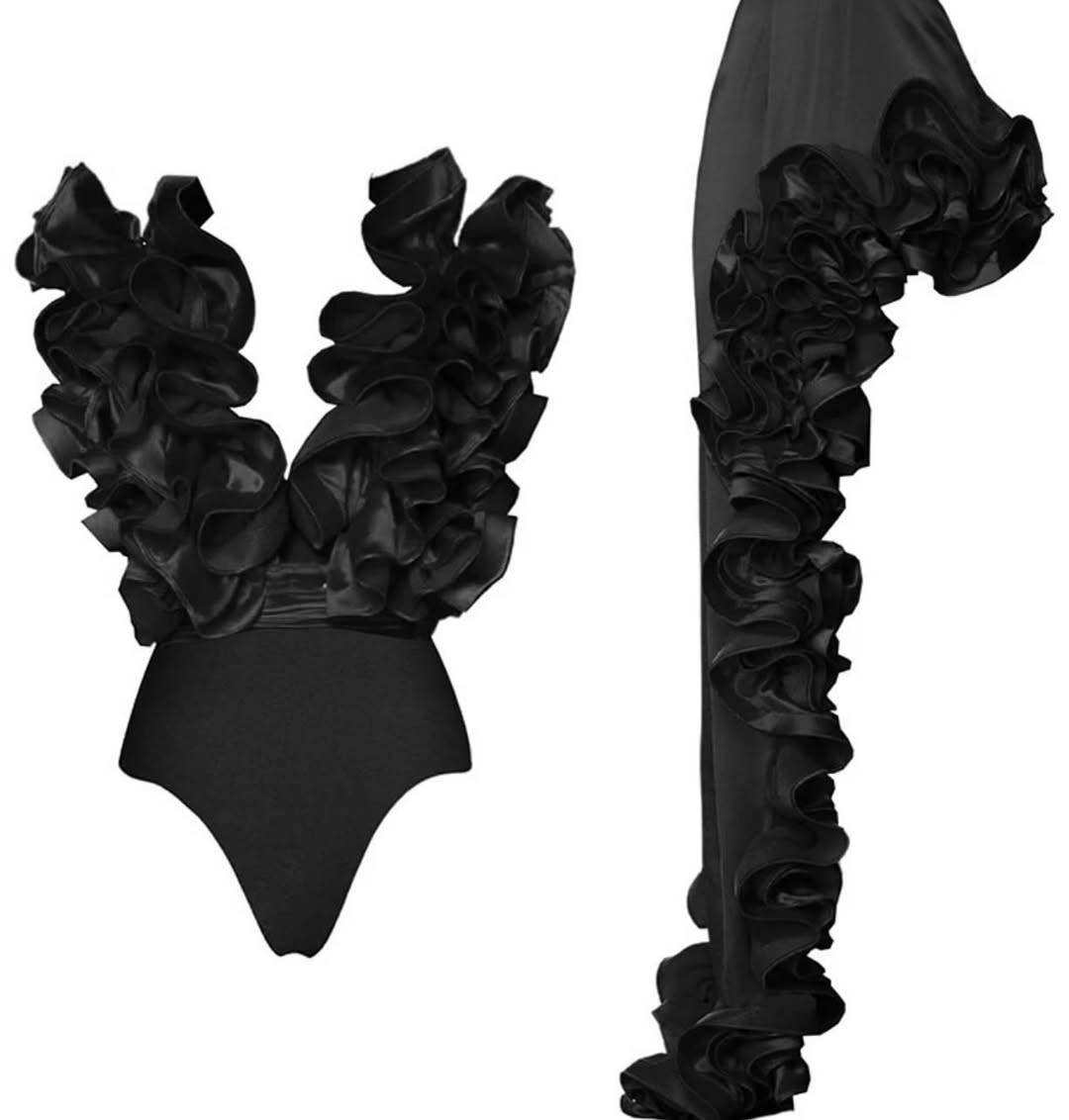 3D Flowers Decor Swimsuit black set