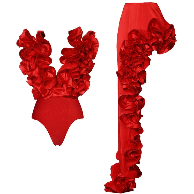 3D Flowers Decor Swimsuit red