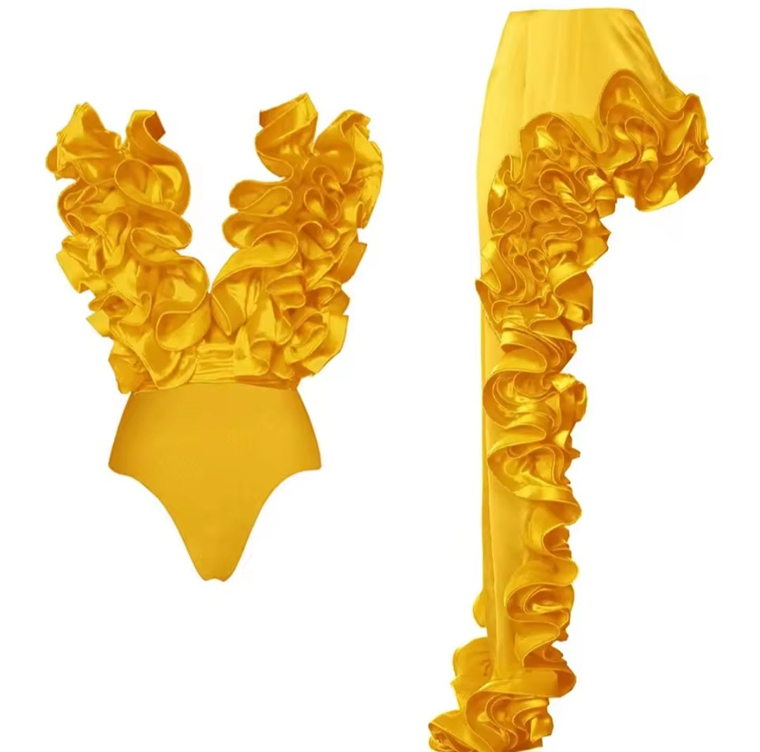 3D Flowers Decor Swimsuit Yellow set