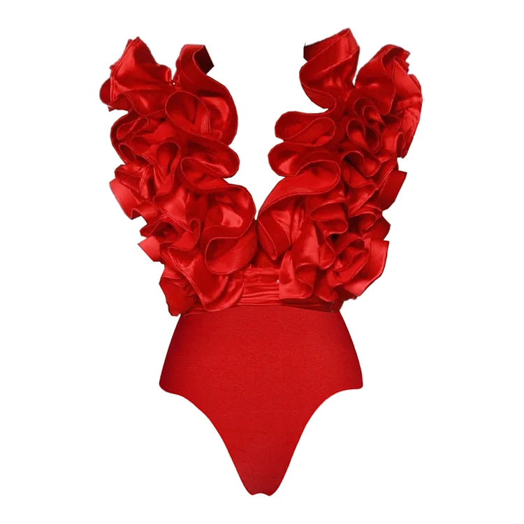 3D Flowers Decor Swimsuit red