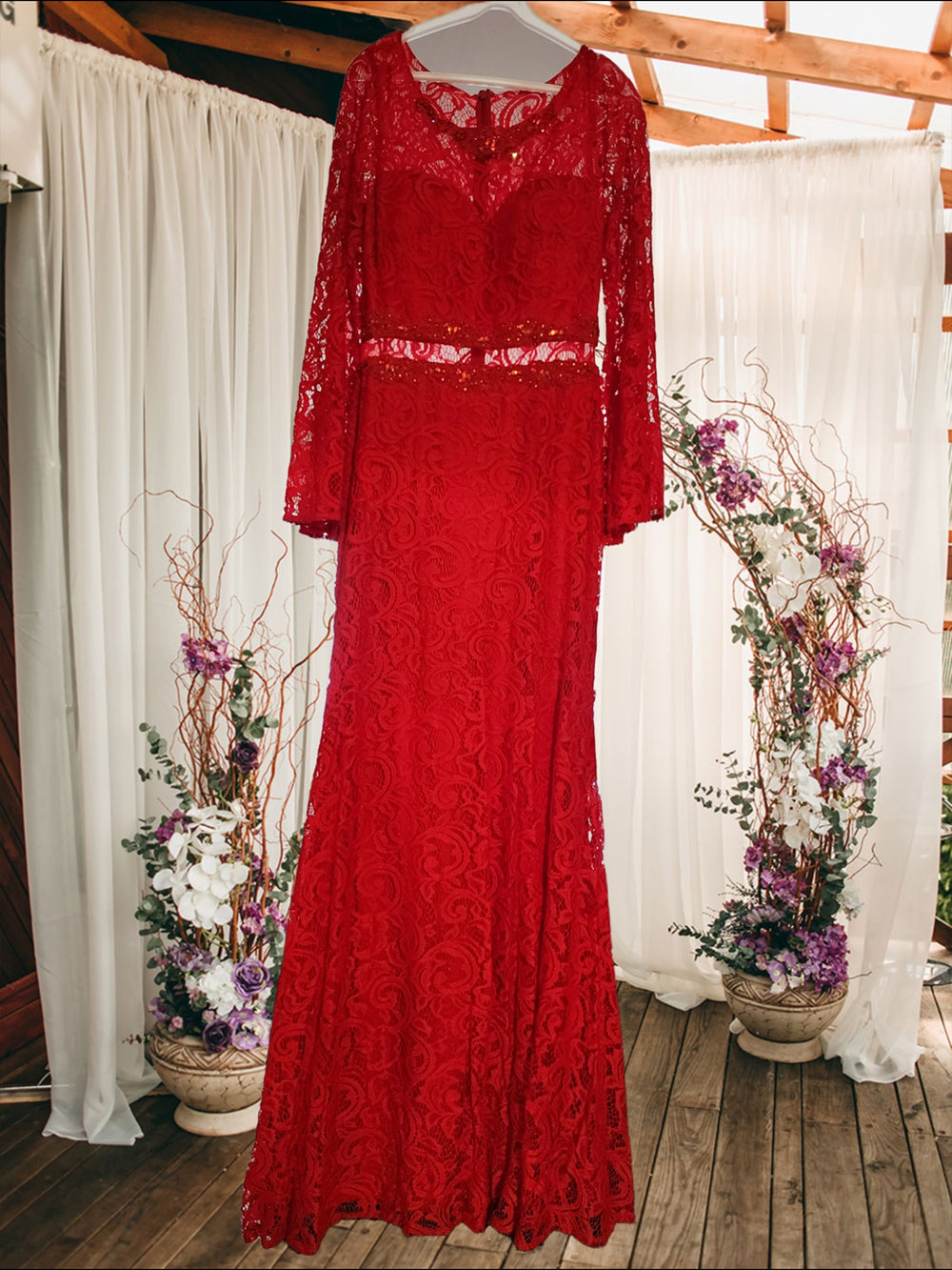 Long Sleeve  Lace Gown Red