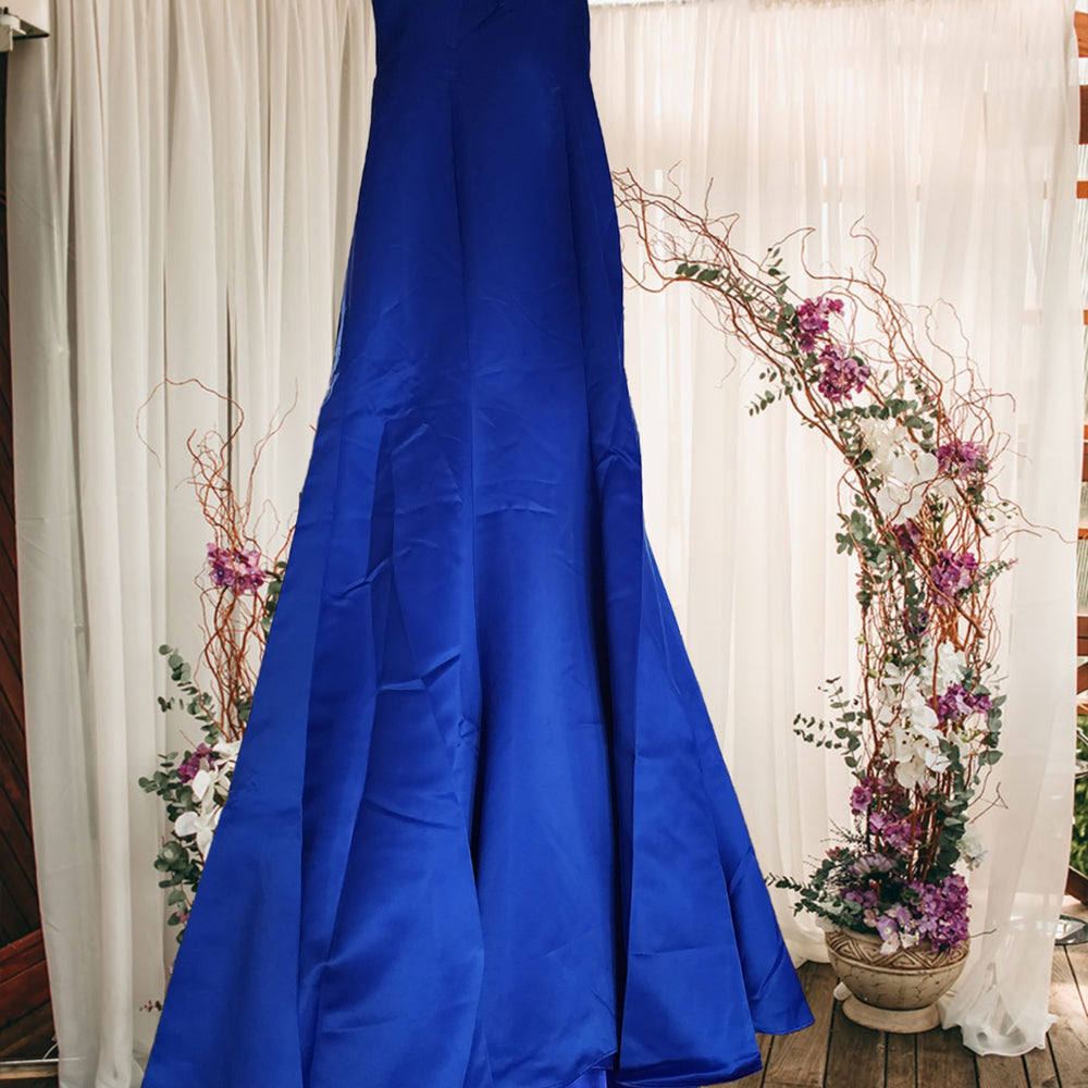 Strapless Sweetheart Neckline Satin Trumpet Gown Blue