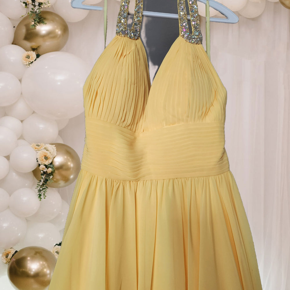 Rhinestones Neckline Halter Mini Dress Yellow