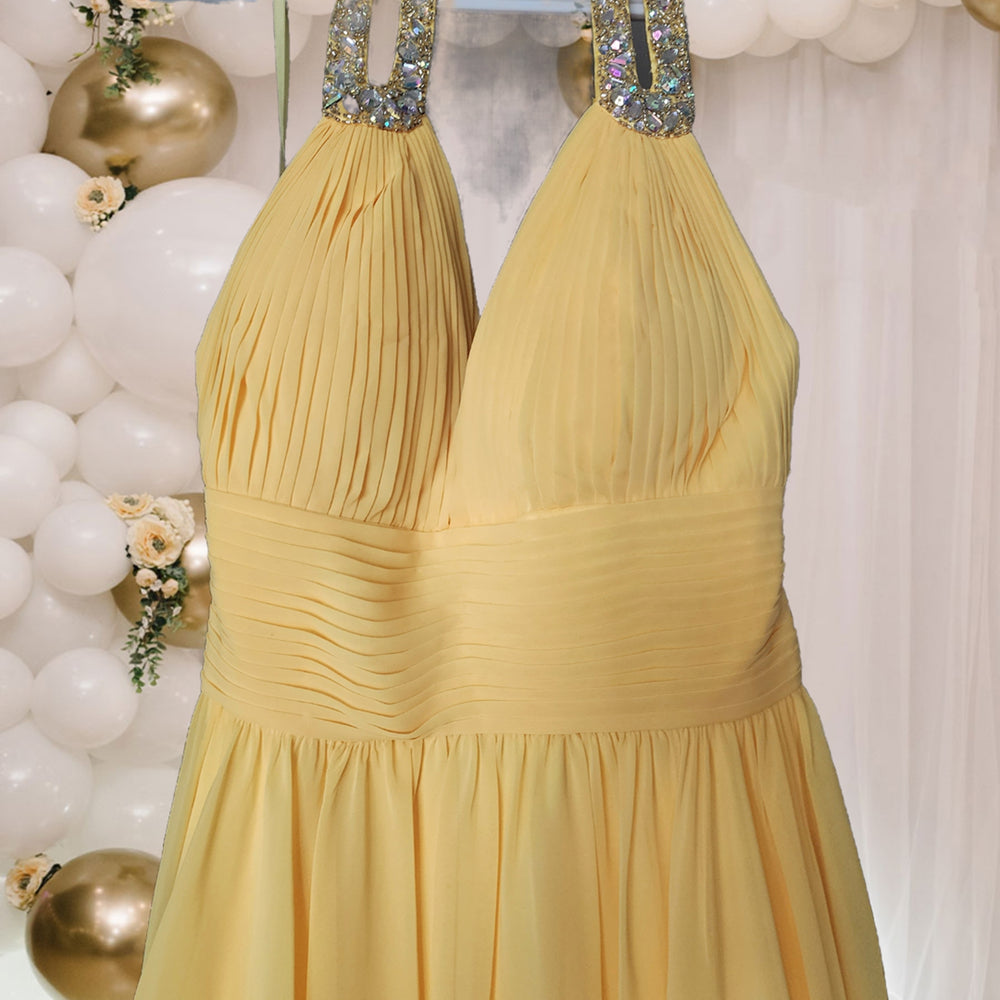 
                      
                        Rhinestones Neckline Halter Mini Dress Yellow
                      
                    