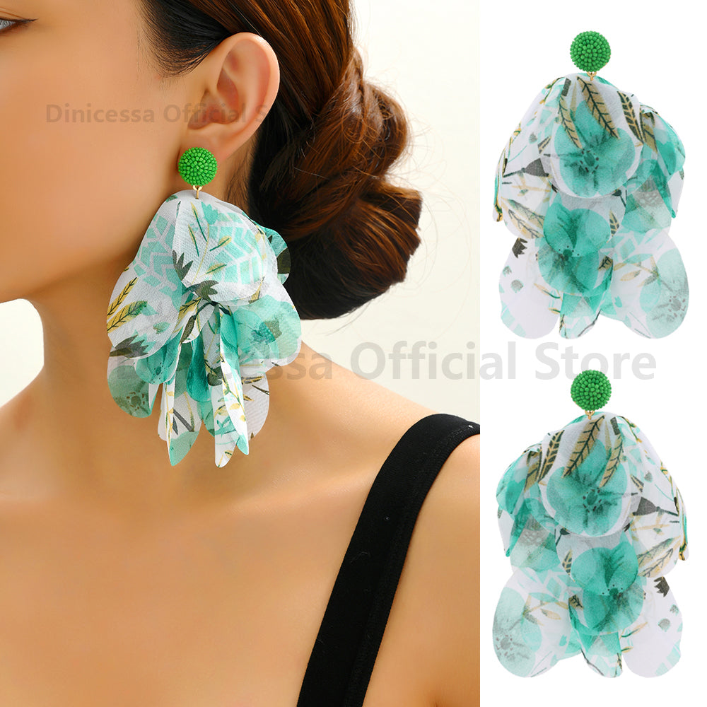 Bohemian Printed Flower Petal Dangling Earrings Light Green