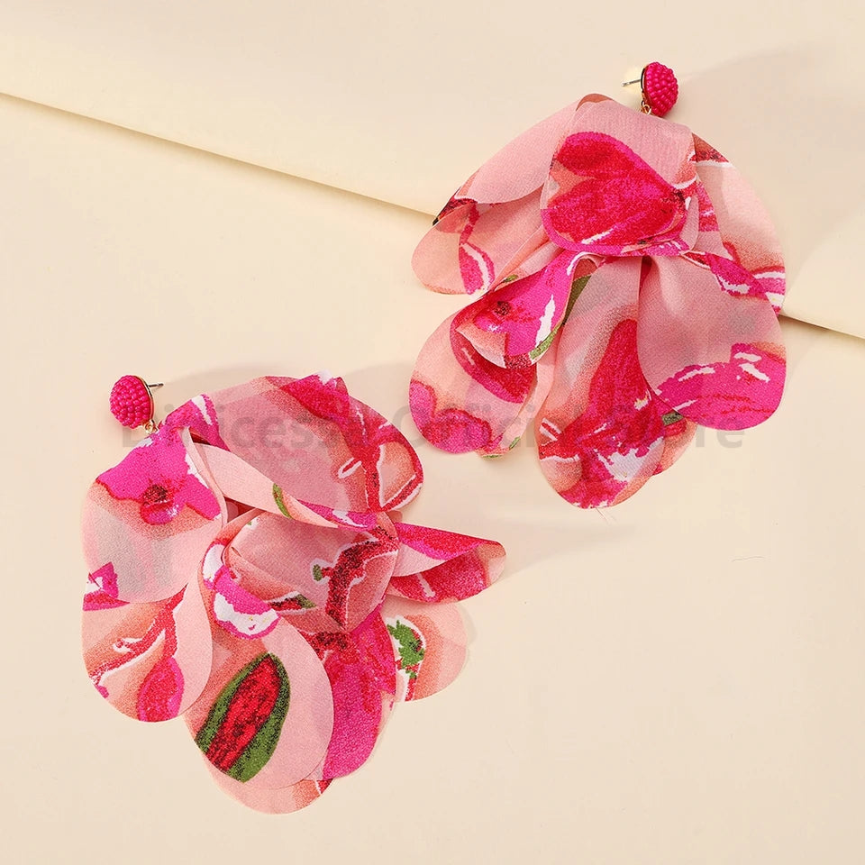 Bohemian Printed Flower Petal Dangling Earrings Rose Red