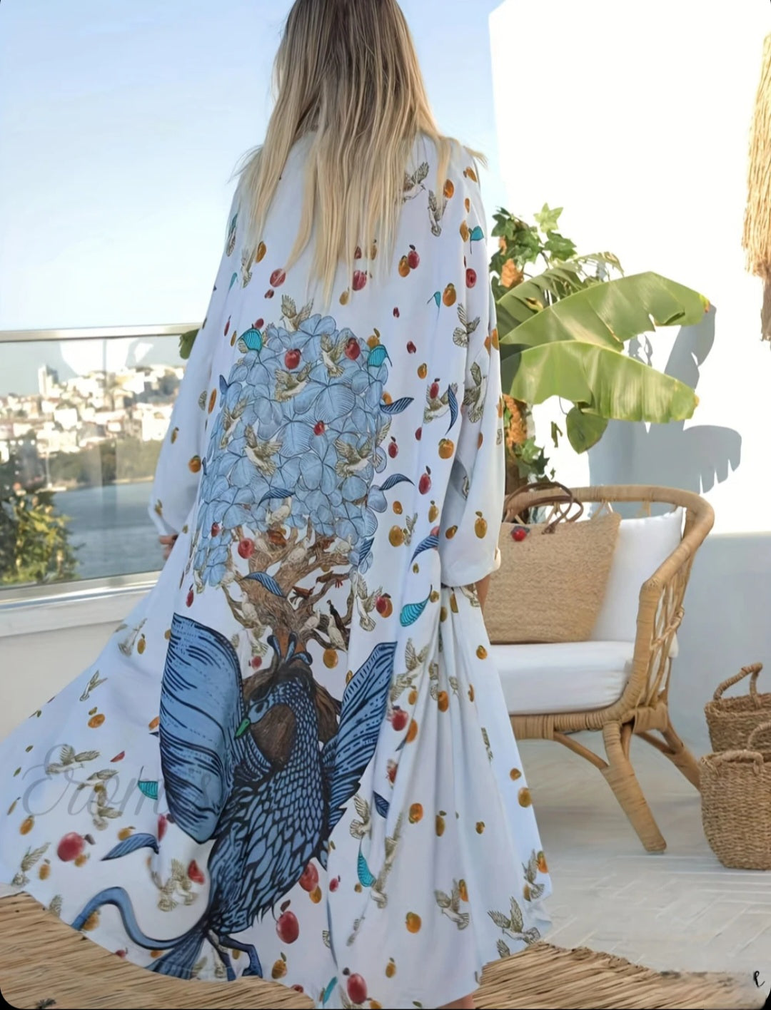 Butterfly Print Kimono Blue and White 