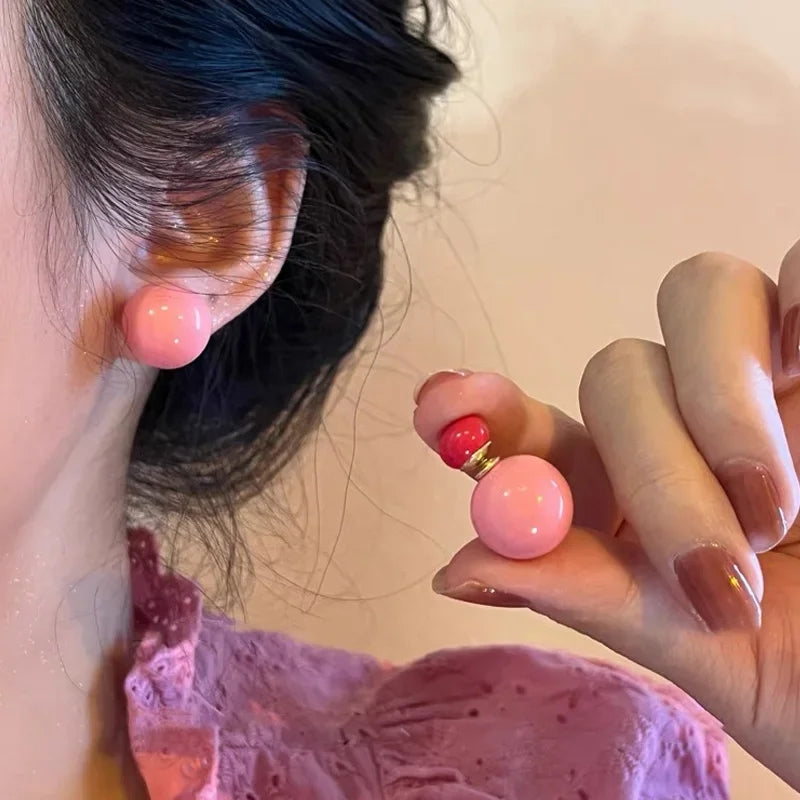 Candy Color Double Sided Pearl Stud Pink