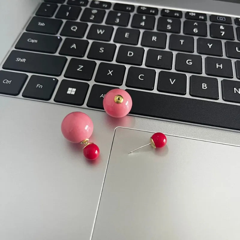 Candy Color Double Sided Pearl Stud Pink Red
